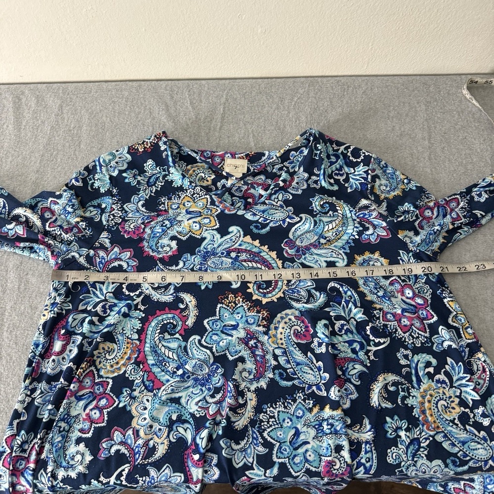 Chicos Blue Purple Criss Cross Neckline 3/4 Sleeve Paisley Top Women's Medium - Picture 6 of 8